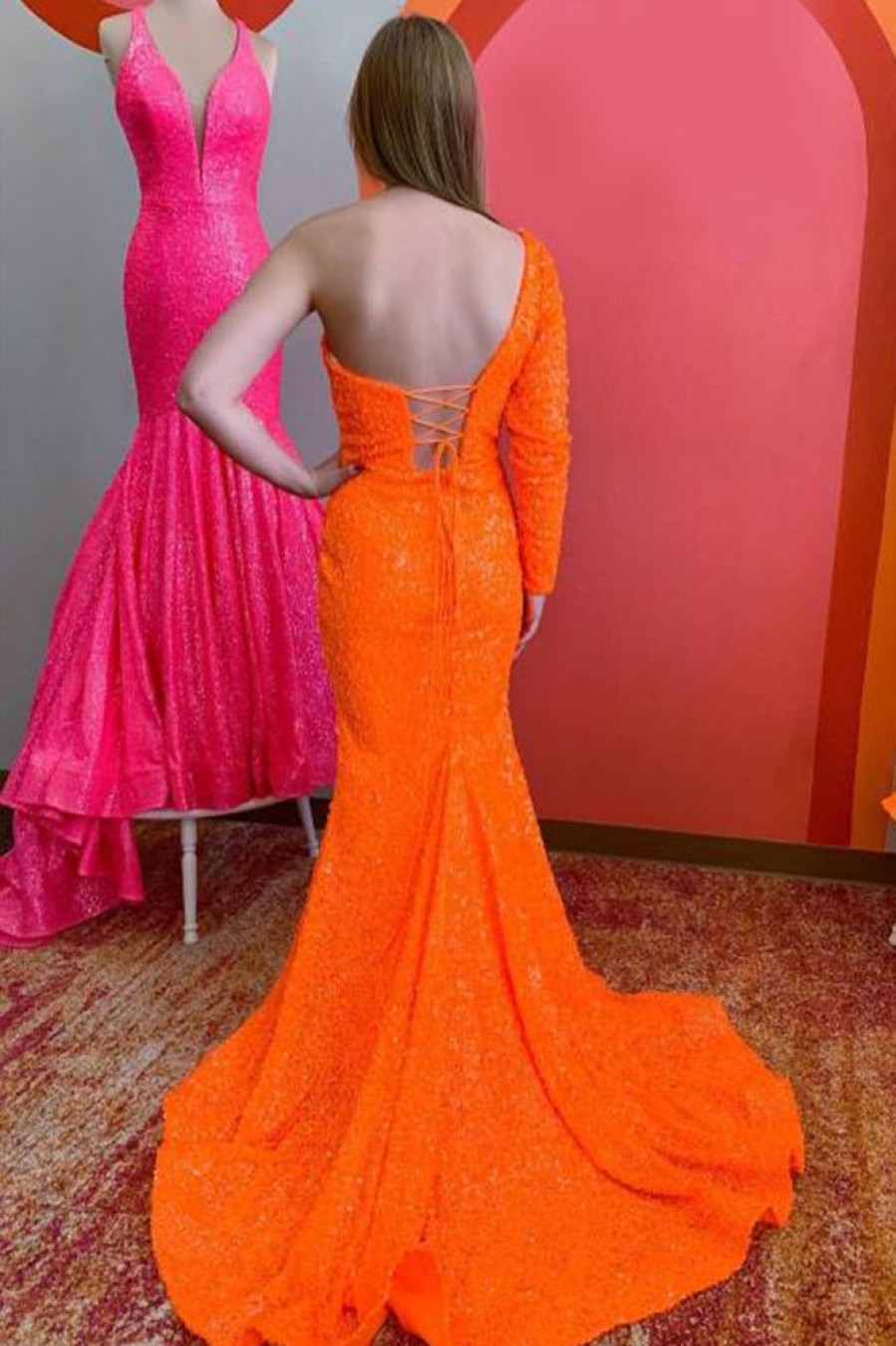 Homrain One Shouder Long Sleeves Sequins Mermaid Prom Dress With Slit | Orange Prom Dresses