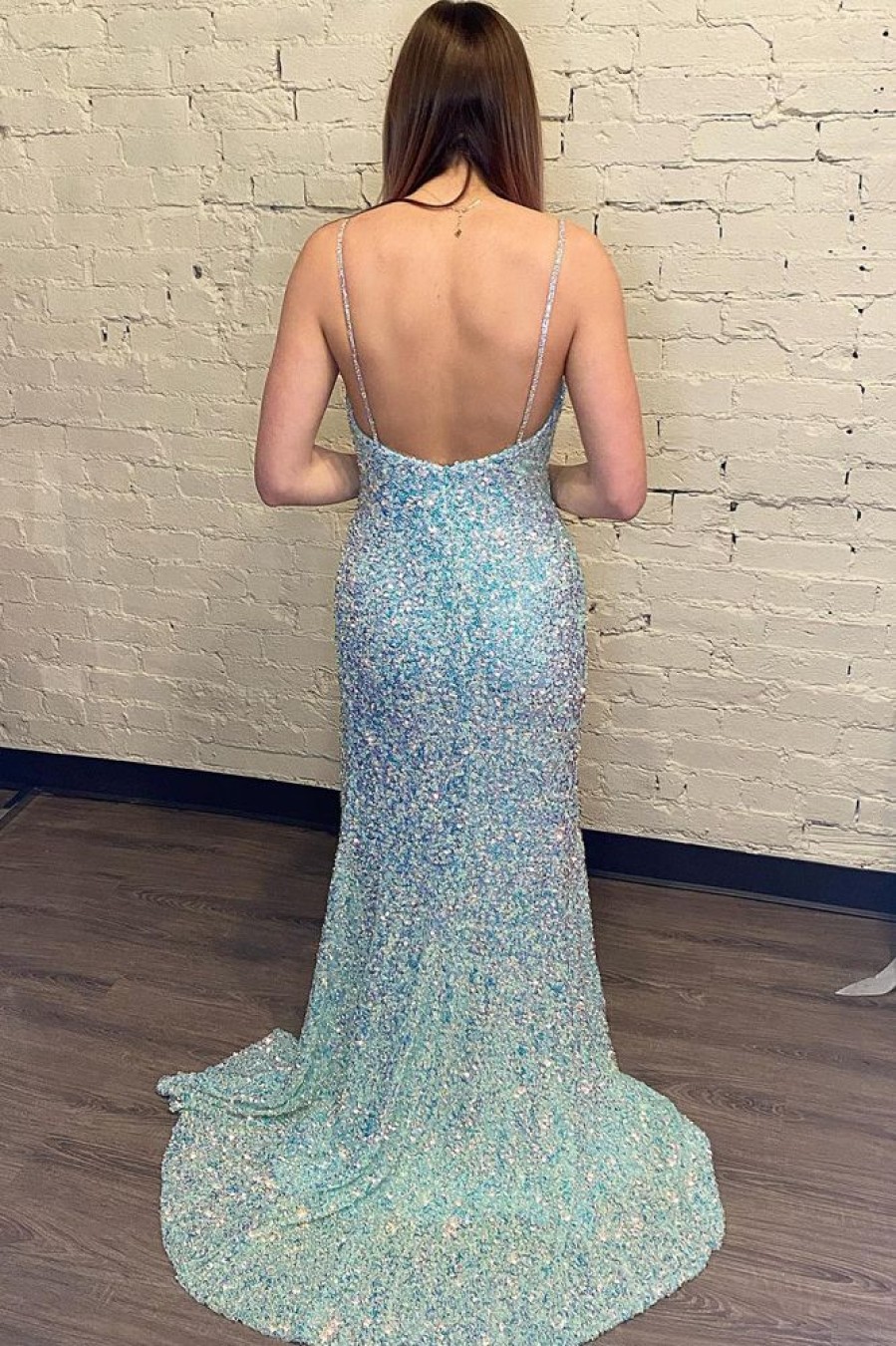 Homrain Sequins Long Prom Dress With Open Back | Blue Prom Dresses