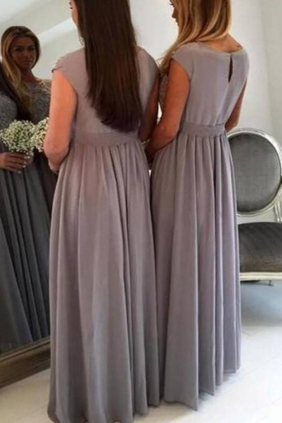 Homrain A-Line Boat Neck Long Chiffon Boho Bridesmaid Dress With Lace | Wedding Guest Dresses