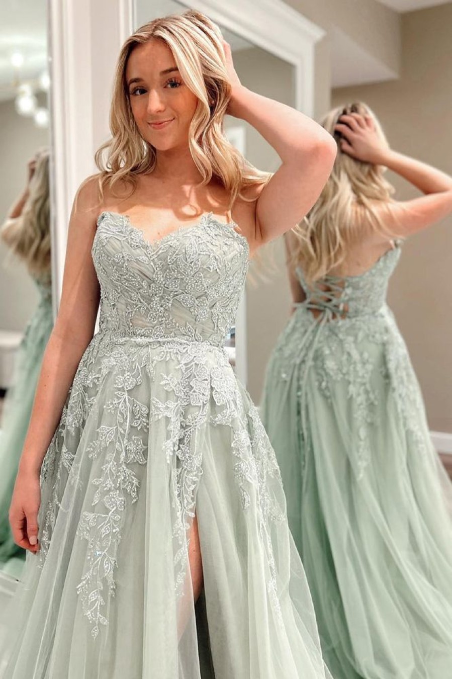 Homrain Sweetheart Beaded Long Prom Dress With Slit Front | Green Prom Dresses