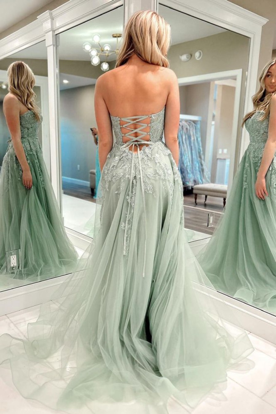 Homrain Sweetheart Beaded Long Prom Dress With Slit Front | Green Prom Dresses