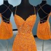 Homrain Spaghetti Straps Tight Short Homecoming Dress With Appliques | Orange Hoco Dresses