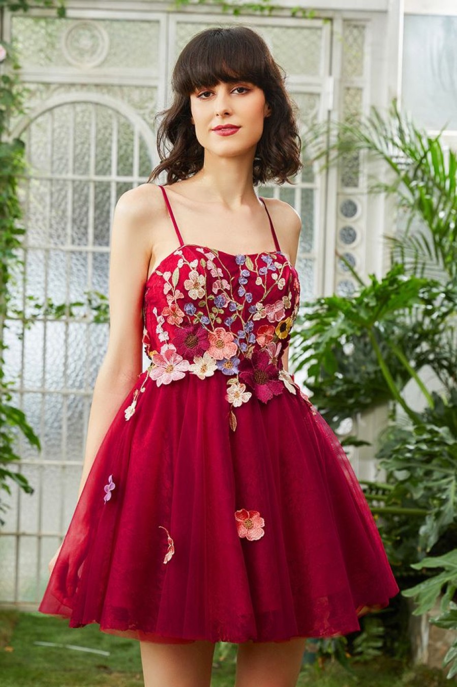 Homrain A Line Spaghetti Straps Homecoming Dress With 3D Flowers | Red Hoco Dresses