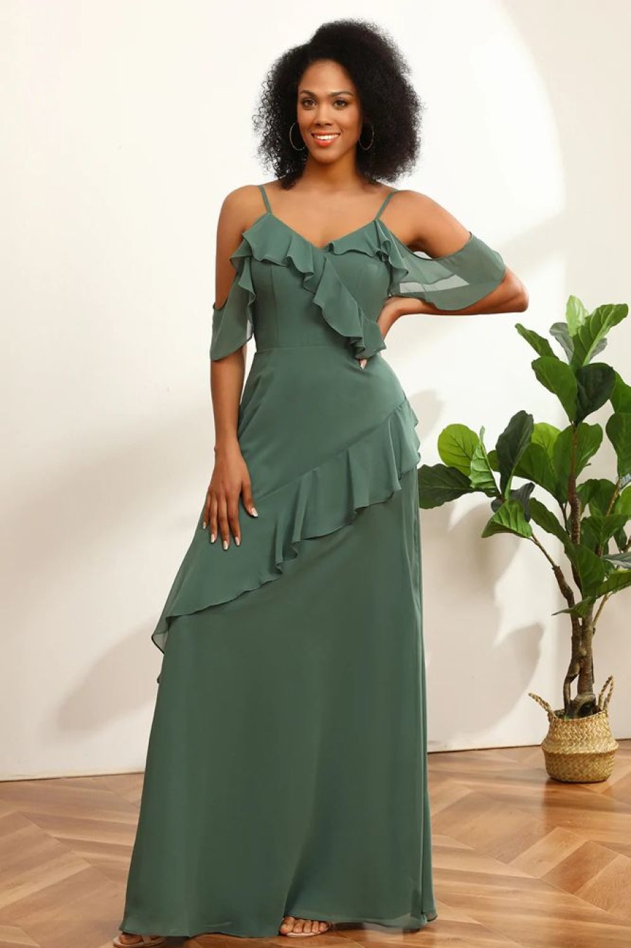 Homrain Spaghetti Straps Long Bridesmaid Dress With Ruffles | Sage Green Bridesmaid Dress