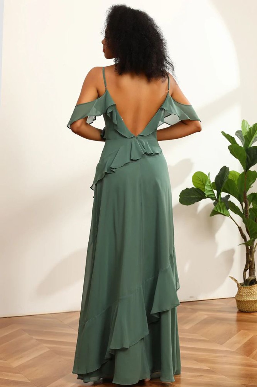 Homrain Spaghetti Straps Long Bridesmaid Dress With Ruffles | Sage Green Bridesmaid Dress