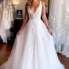 Homrain A-Line Deep V-Neck Backless Long Wedding Dress With Lace | Lace Wedding Dresses