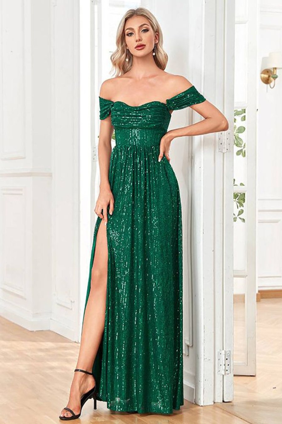 Homrain Long Sequined Prom Dress With Slit | Green Prom Dresses