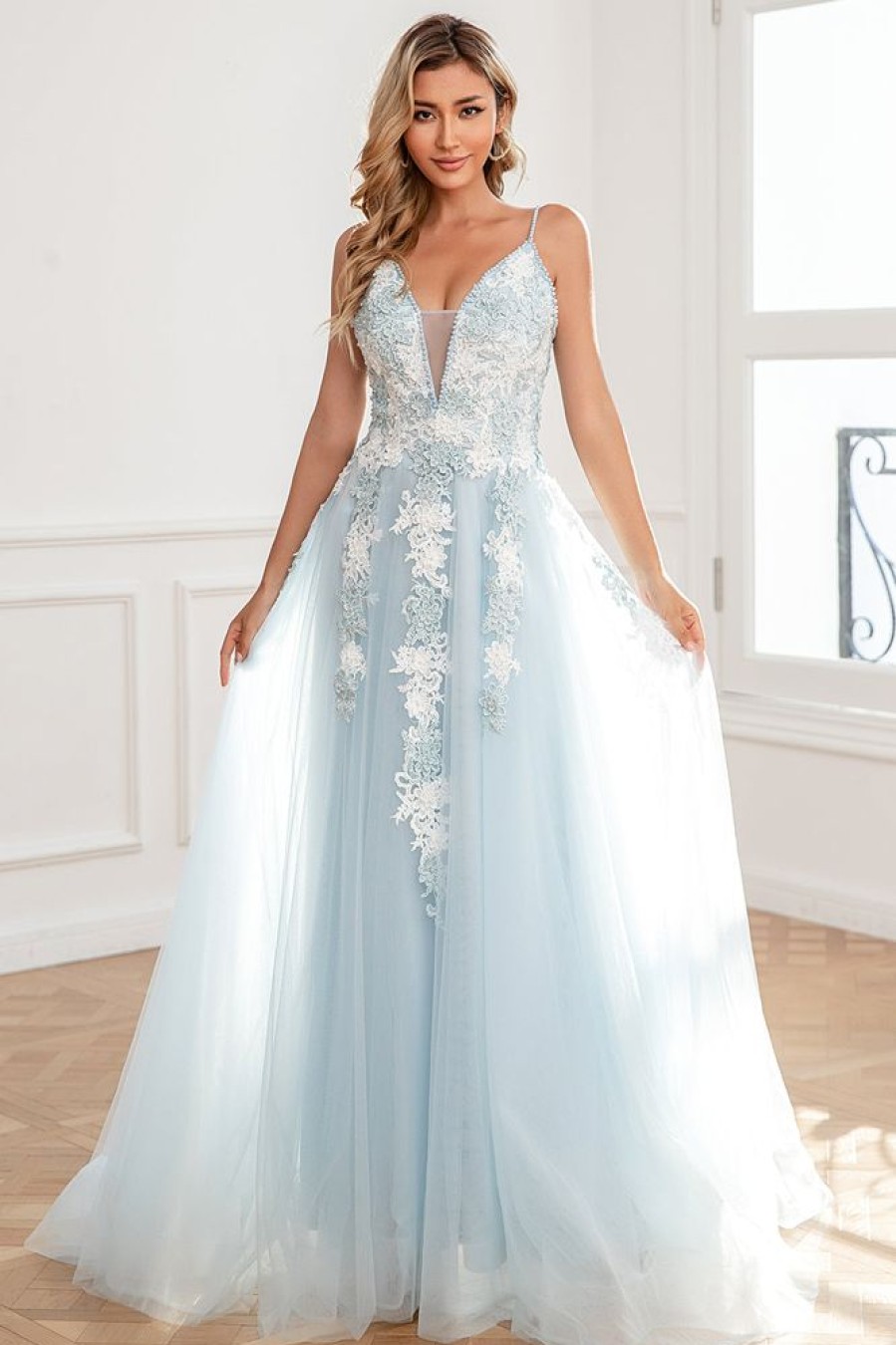 Homrain Appliques Tulle Prom Dress | Blue Prom Dresses