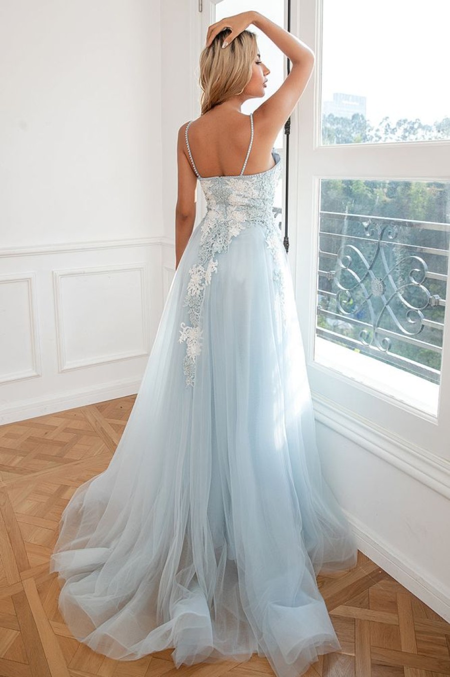 Homrain Appliques Tulle Prom Dress | Blue Prom Dresses