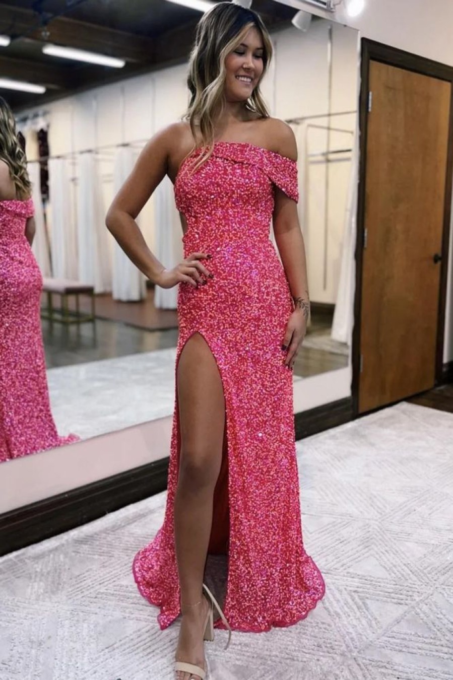 Homrain Sparkly One Shoulder Sequins Long Prom Dress | Hot Pink Prom Dresses