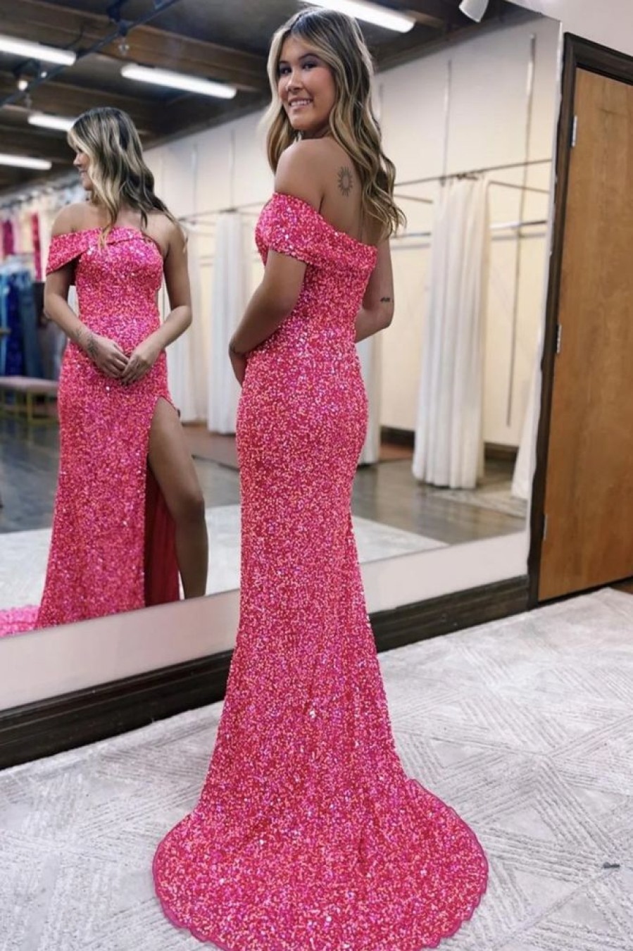 Homrain Sparkly One Shoulder Sequins Long Prom Dress | Hot Pink Prom Dresses