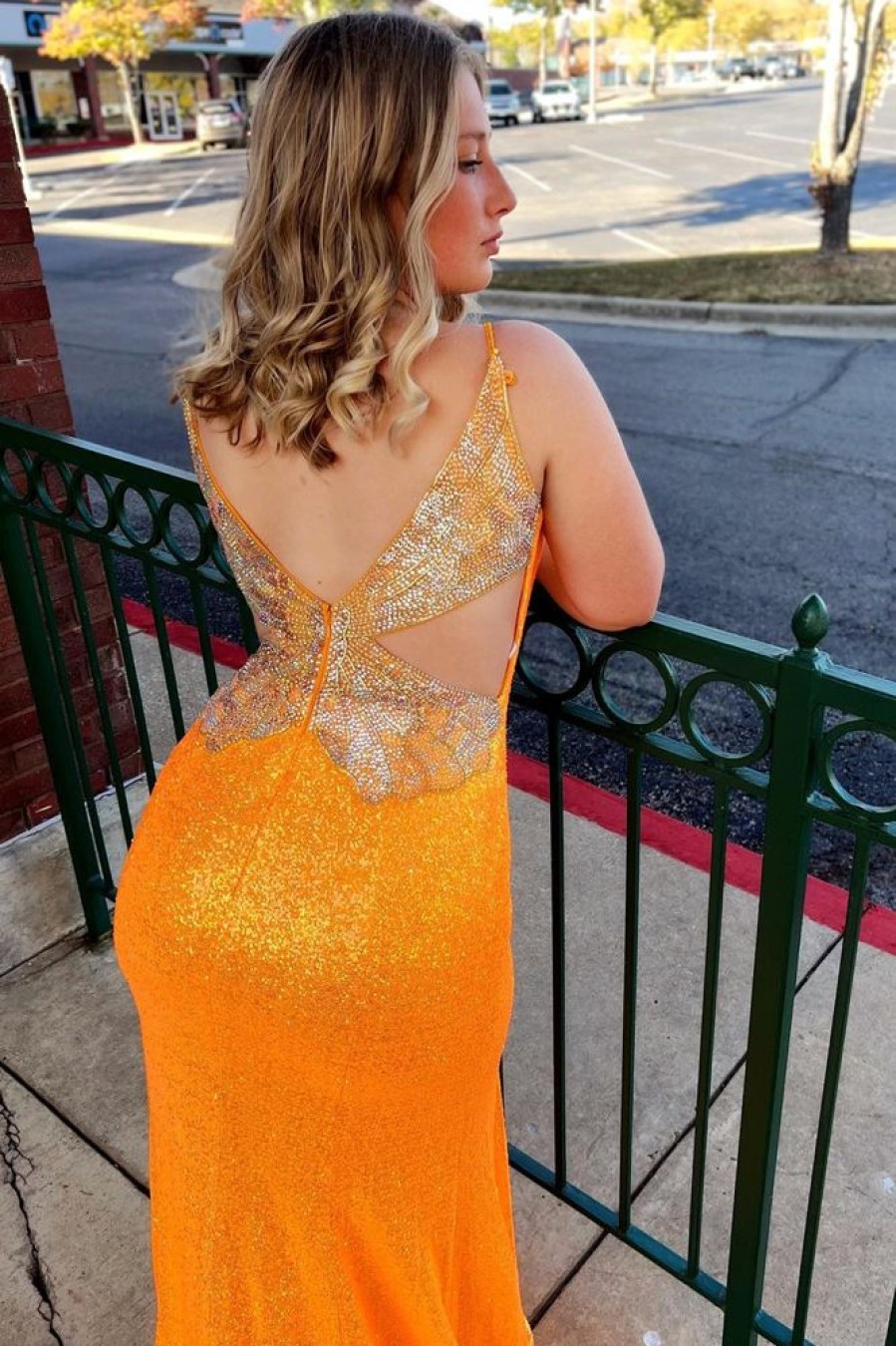 Homrain Sequins Mermaid Prom Dress With Slit | Orange Prom Dresses