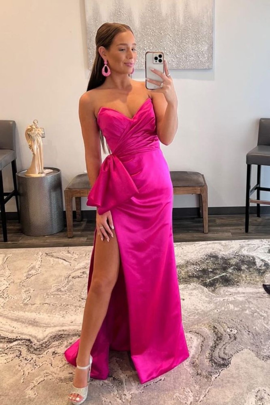 Homrain Sweetheart Hot Pink Long Prom Dress With Split Front | Hot Pink Prom Dresses