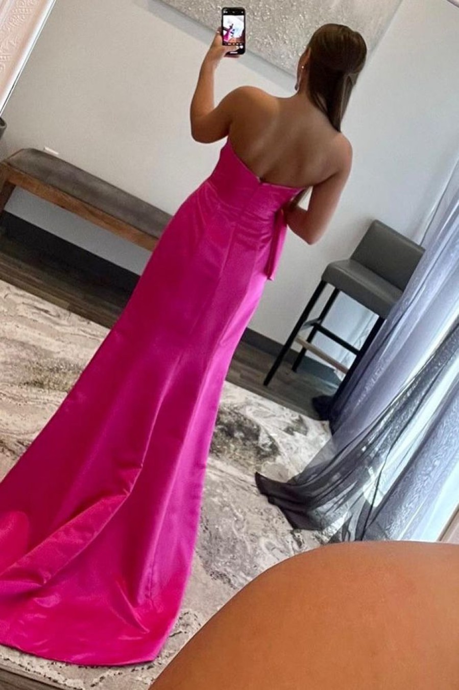 Homrain Sweetheart Hot Pink Long Prom Dress With Split Front | Hot Pink Prom Dresses