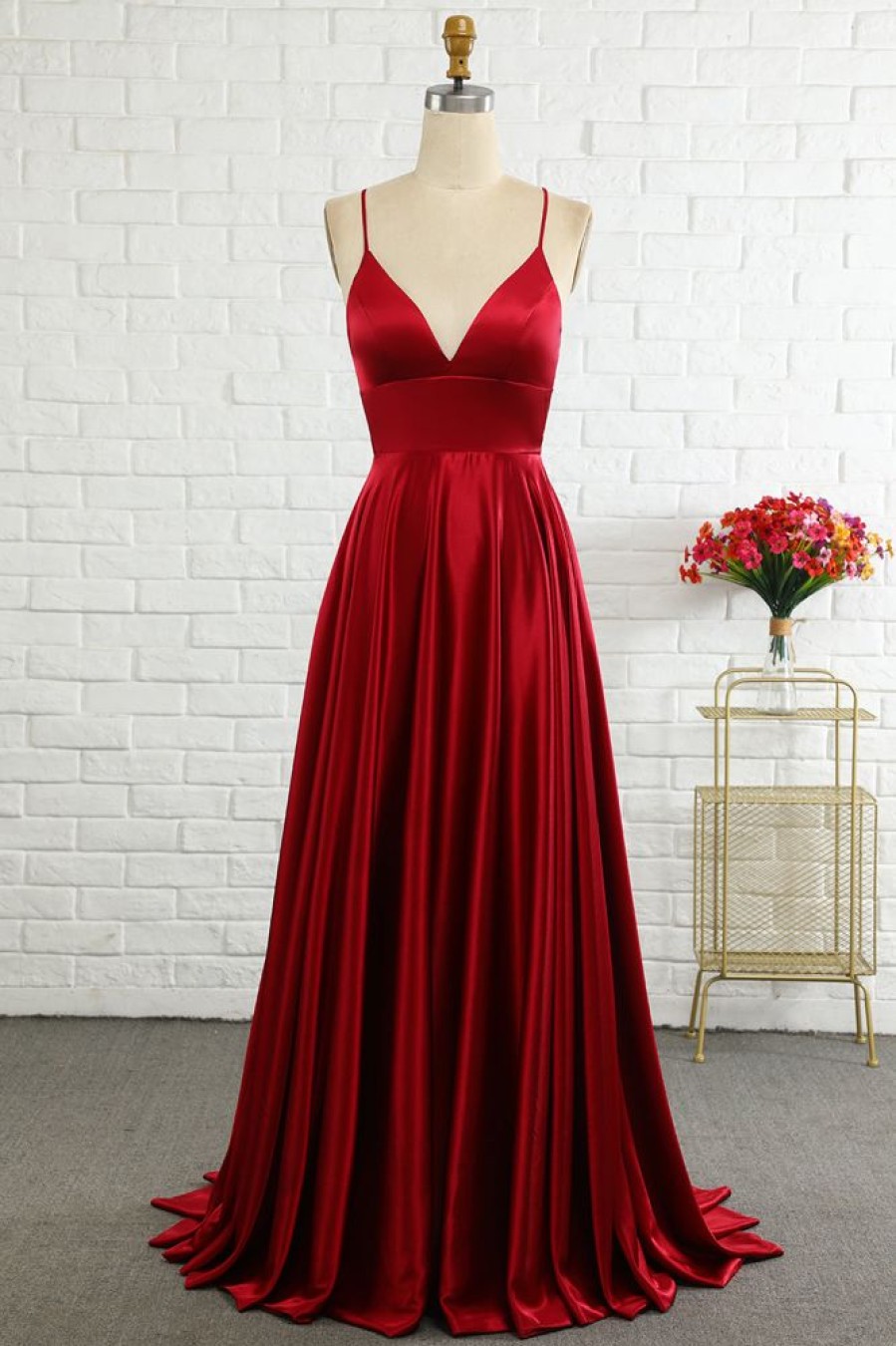 Homrain Simple A Line Spaghetti Straps Long Prom Dress With Cirss Cross Back | Red Prom Dresses