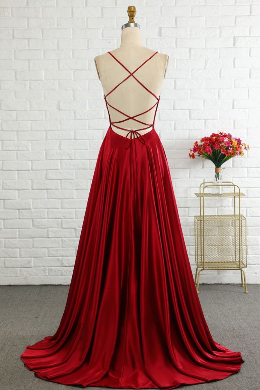 Homrain Simple A Line Spaghetti Straps Long Prom Dress With Cirss Cross Back | Red Prom Dresses