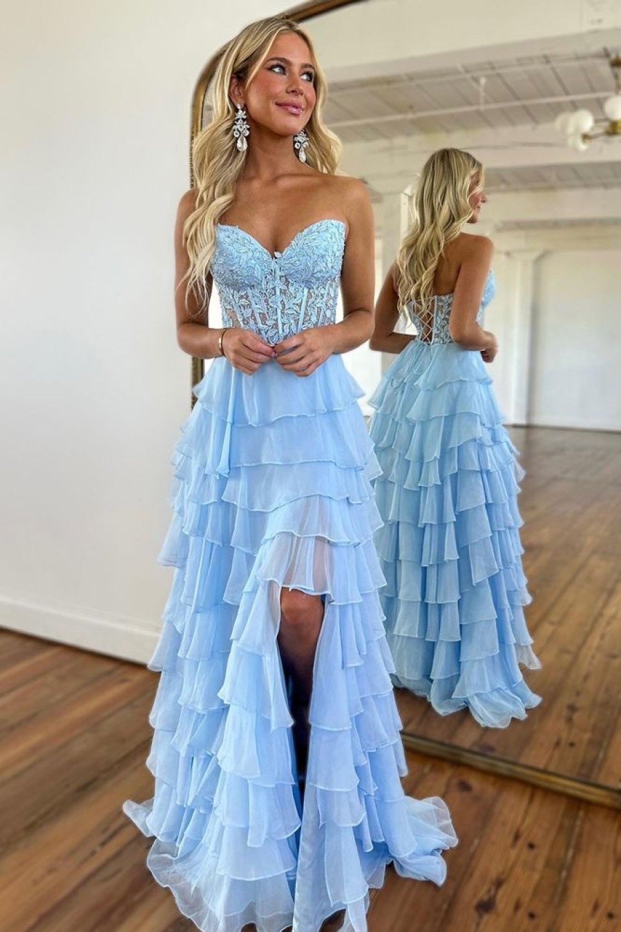 Homrain A-Line Tie Chiffon Long Prom Dress With Lace | Blue Prom Dresses