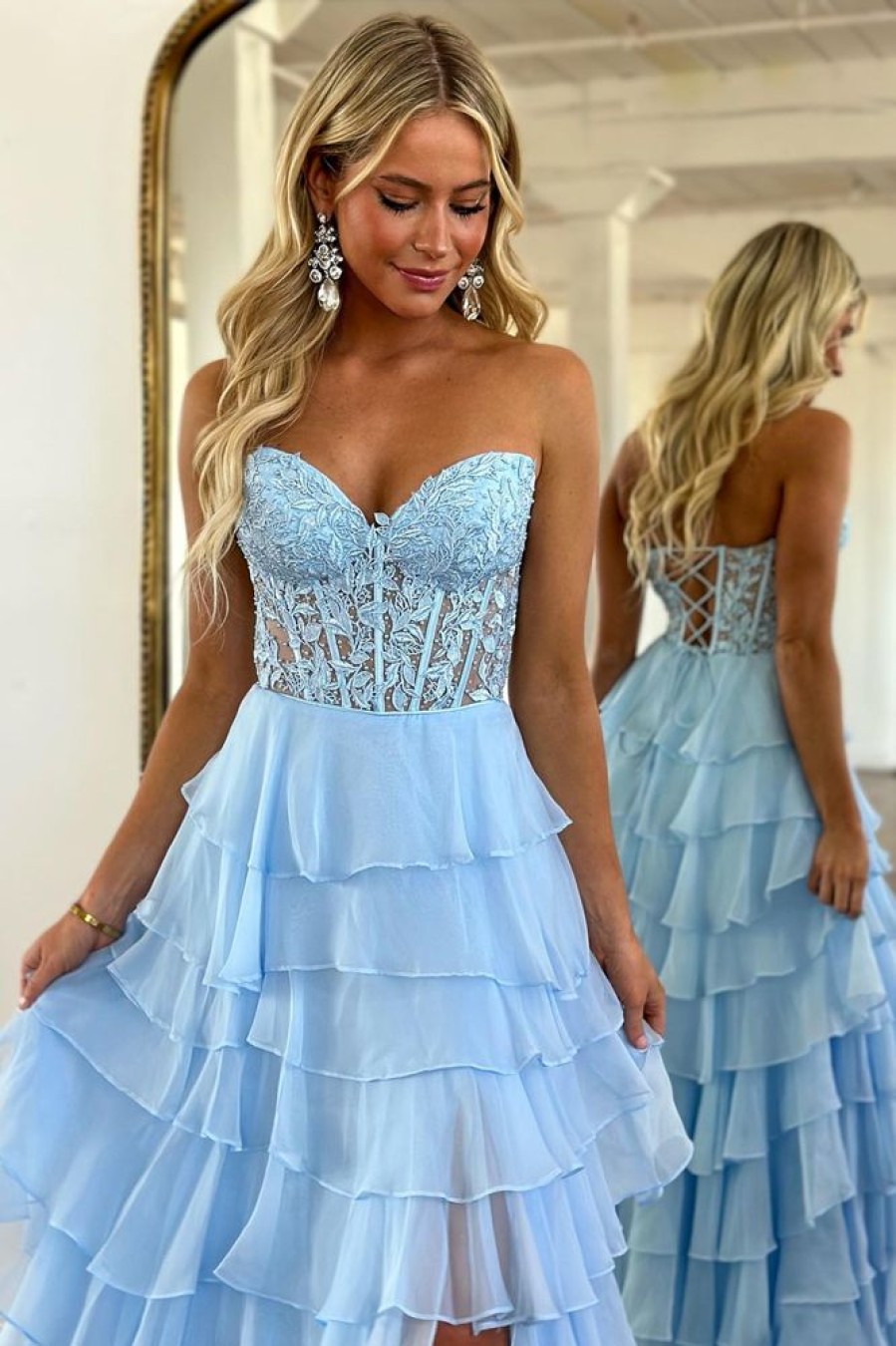 Homrain A-Line Tie Chiffon Long Prom Dress With Lace | Blue Prom Dresses