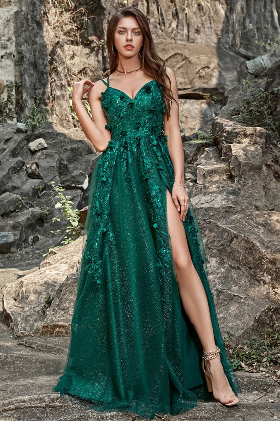 Homrain Sparkly A-Line Long Tulle Prom Dress With Appliques | Green Prom Dresses