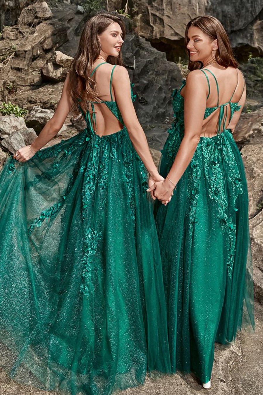 Homrain Sparkly A-Line Long Tulle Prom Dress With Appliques | Green Prom Dresses