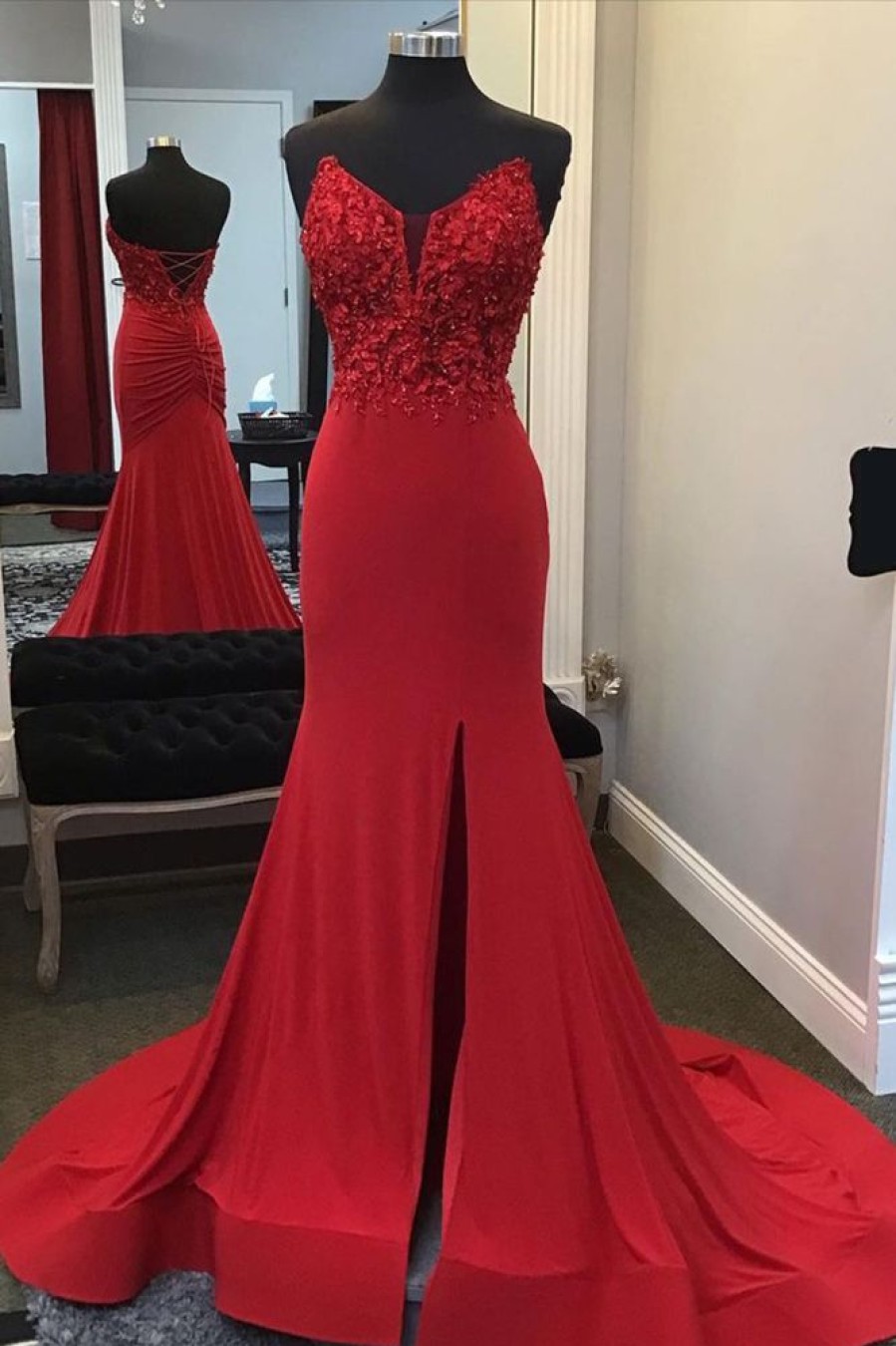 Homrain Beaded Mermaid Prom Dress With Appliques | Red Prom Dresses