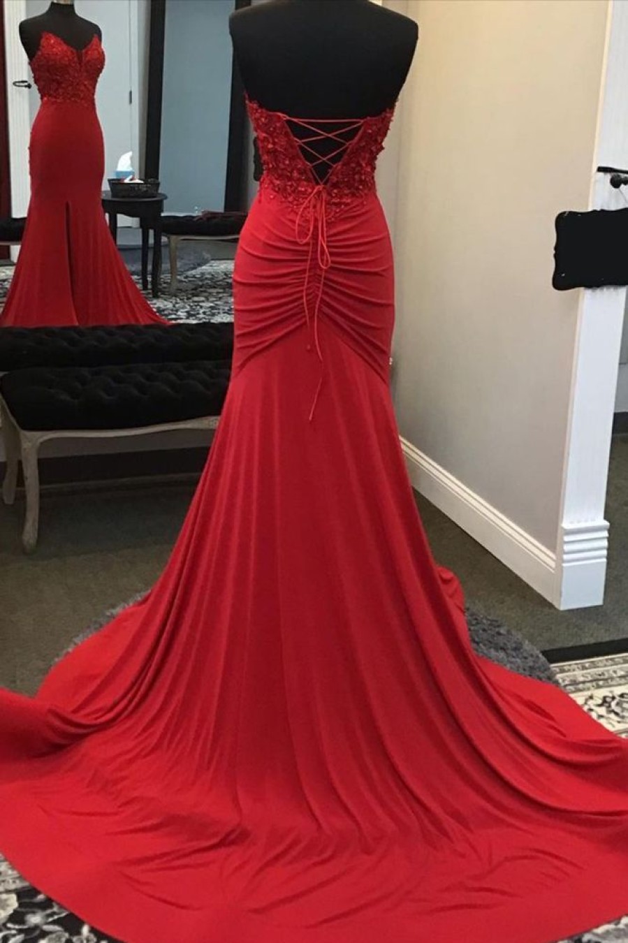 Homrain Beaded Mermaid Prom Dress With Appliques | Red Prom Dresses