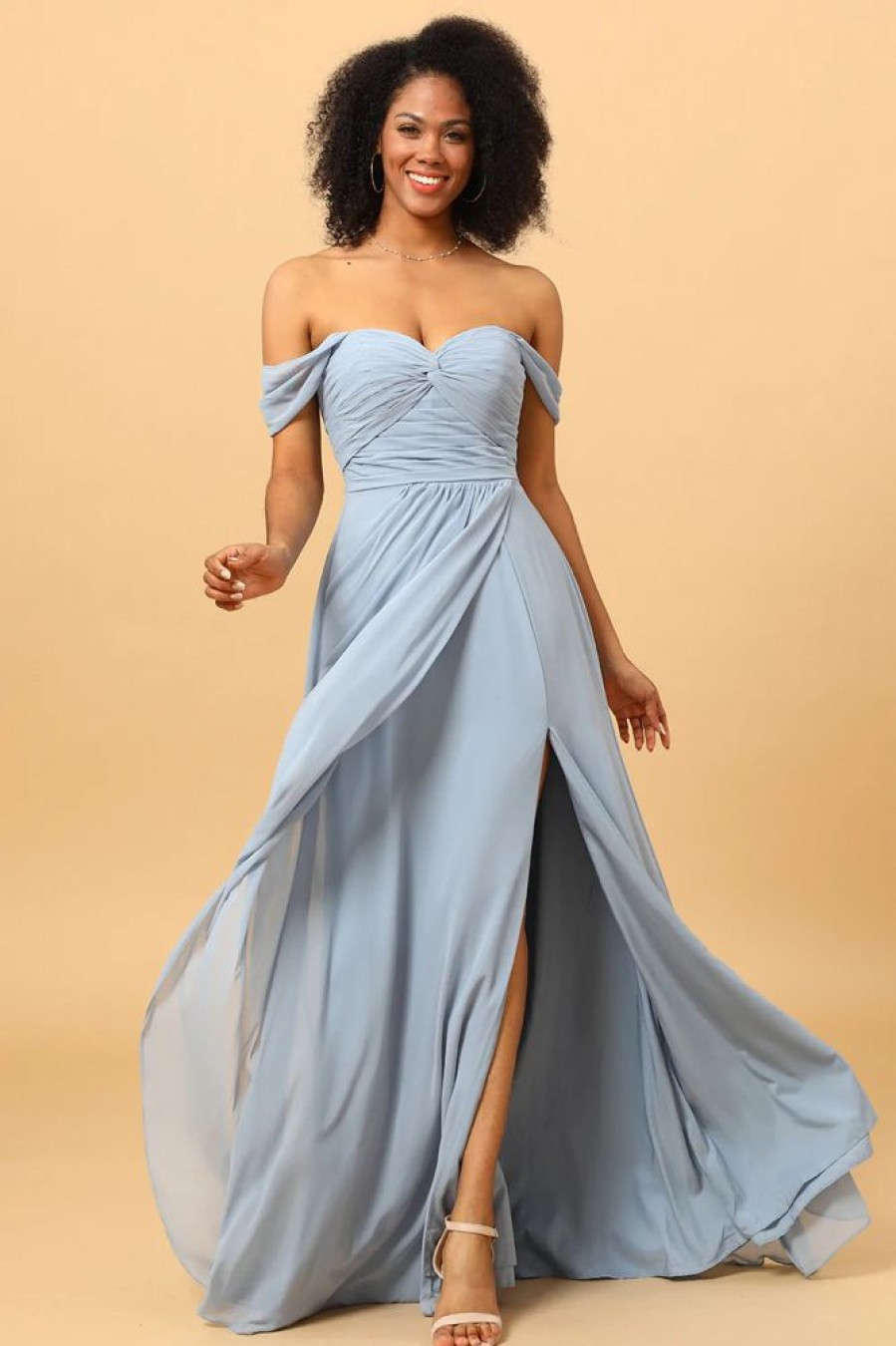 Homrain Off Shoulder Chiffon Blue Bridesmaid Dress With Slit | Bridesmaid Dress Under 100