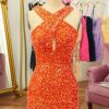 Homrain Sparkly Cross V-Neck Sequins Tight Homecoming Dress | Orange Hoco Dresses