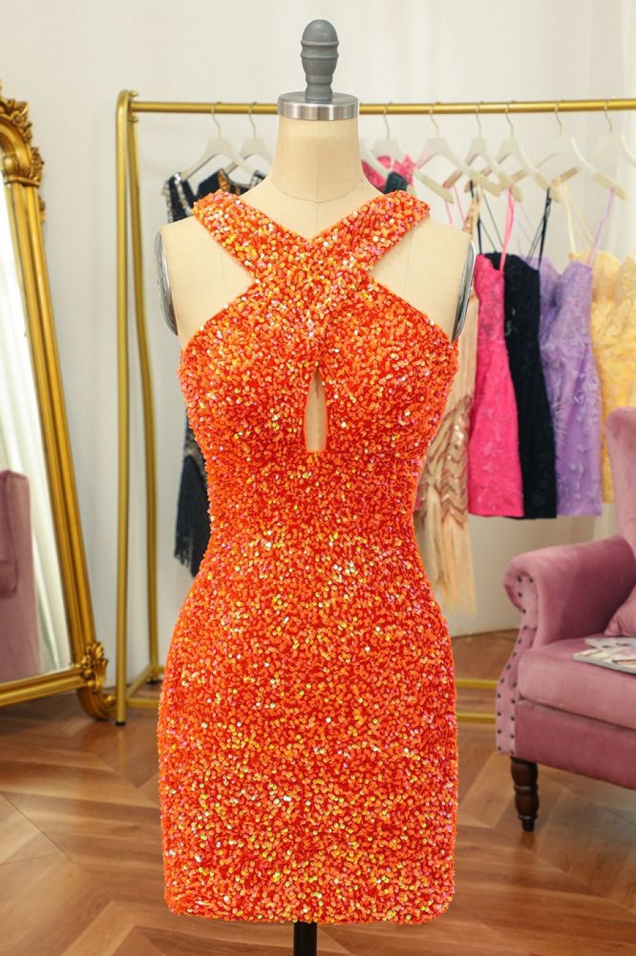 Homrain Sparkly Cross V-Neck Sequins Tight Homecoming Dress | Orange Hoco Dresses