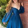 Homrain Off Shoulder Long Sleeves Prom Dress With Ruffles | Blue Prom Dresses