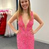 Homrain Sparkly Fringed Open Back Tight Short Homecoming Dress | Pink Hoco Dresses