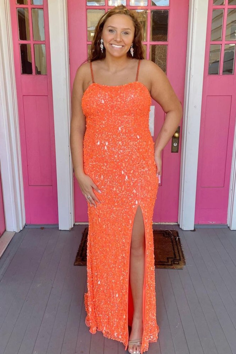 Homrain Lace-Up Sequins Prom Dress With Slit | Orange Prom Dresses