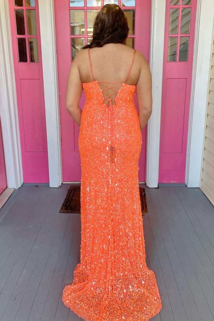 Homrain Lace-Up Sequins Prom Dress With Slit | Orange Prom Dresses