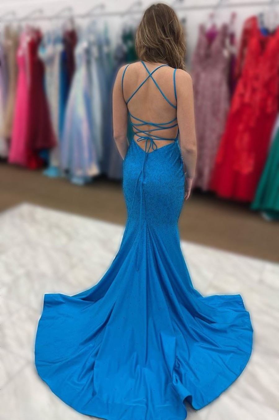 Homrain Beading Mermaid Prom Dress With Slit | Blue Prom Dresses