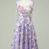 Homrain A Line Spaghetti Straps Tea Length Prom Dress With 3D Flowers | Purple Hoco Dresses