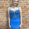 Homrain Glitter Spaghetti Straps Corset Tight Short Beaded Homecoming Dress | Blue Hoco Dresses