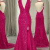 Homrain Sparkly Beaded Mermaid V Neck Backless Long Prom Dress With Slit | Hot Pink Prom Dresses