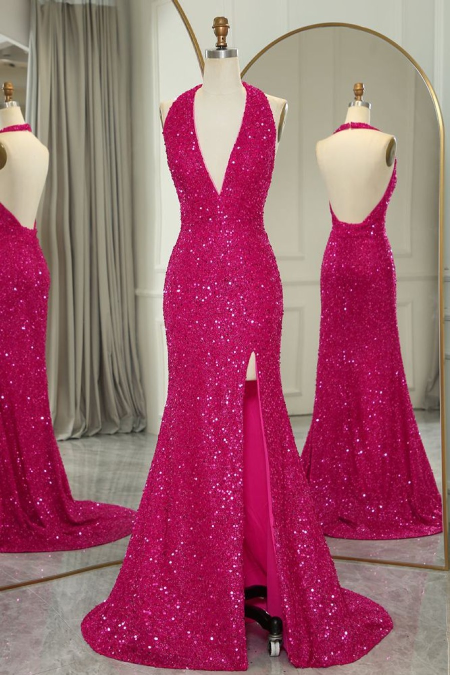 Homrain Sparkly Beaded Mermaid V Neck Backless Long Prom Dress With Slit | Hot Pink Prom Dresses