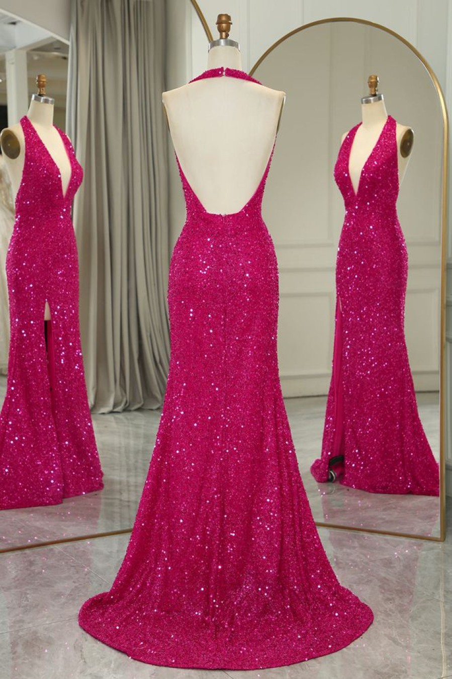 Homrain Sparkly Beaded Mermaid V Neck Backless Long Prom Dress With Slit | Hot Pink Prom Dresses