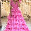 Homrain A Line V Neck Long Tiered Prom Dress | Hot Pink Prom Dresses