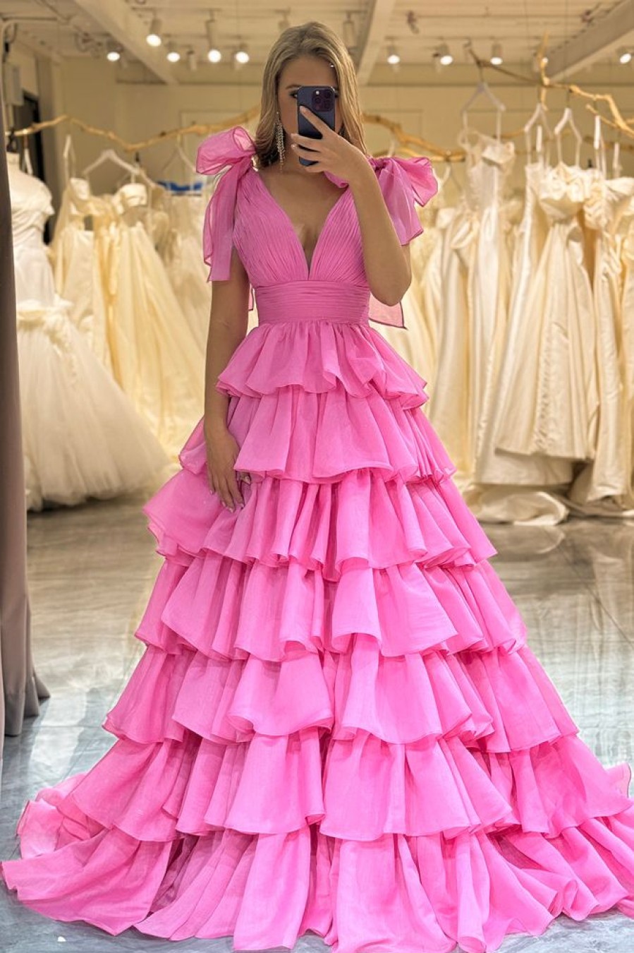 Homrain A Line V Neck Long Tiered Prom Dress | Hot Pink Prom Dresses