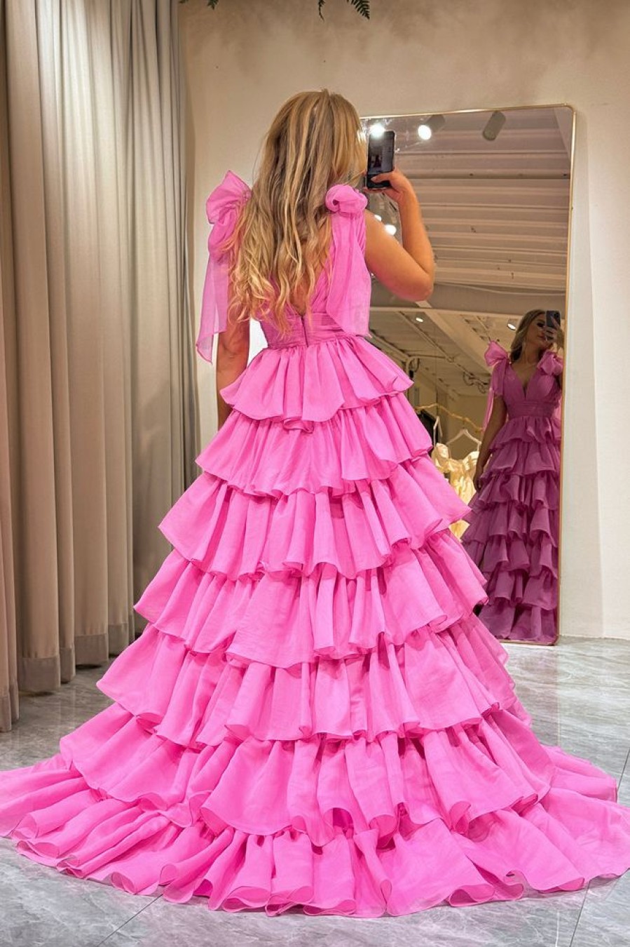 Homrain A Line V Neck Long Tiered Prom Dress | Hot Pink Prom Dresses