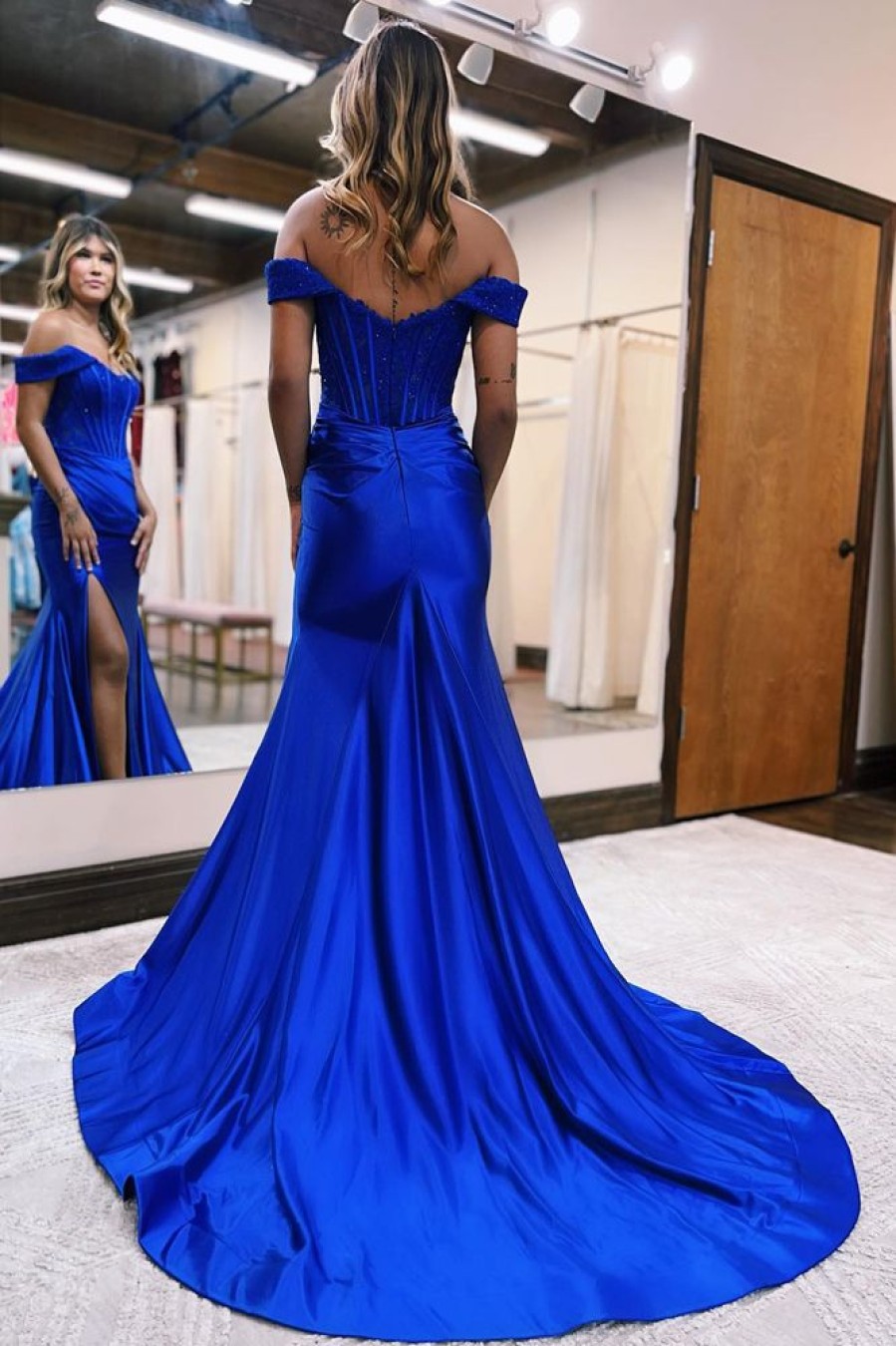 Homrain Sparkly Corset Detachable Neck Mermaid Long Prom Dress With Slit | Blue Prom Dresses