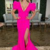 Homrain Mermaid Deep V Neck Long Prom Dress With Slit | Hot Pink Prom Dresses