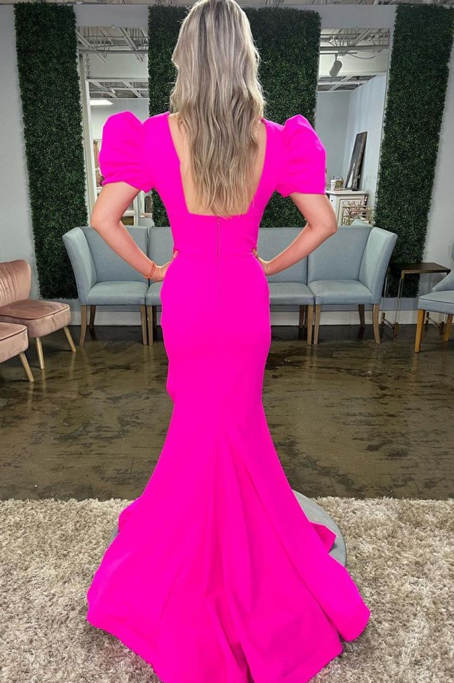 Homrain Mermaid Deep V Neck Long Prom Dress With Slit | Hot Pink Prom Dresses