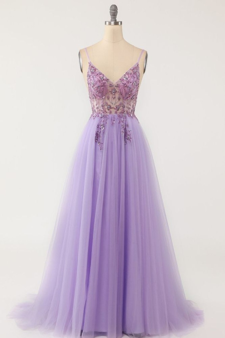 Homrain Beaded Tulle Long Prom Dress | Purple Prom Dresses