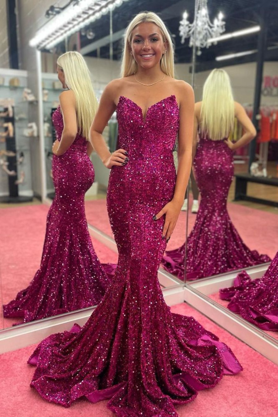 Homrain Strapless Sequins Mermaid Prom Dress | Hot Pink Prom Dresses