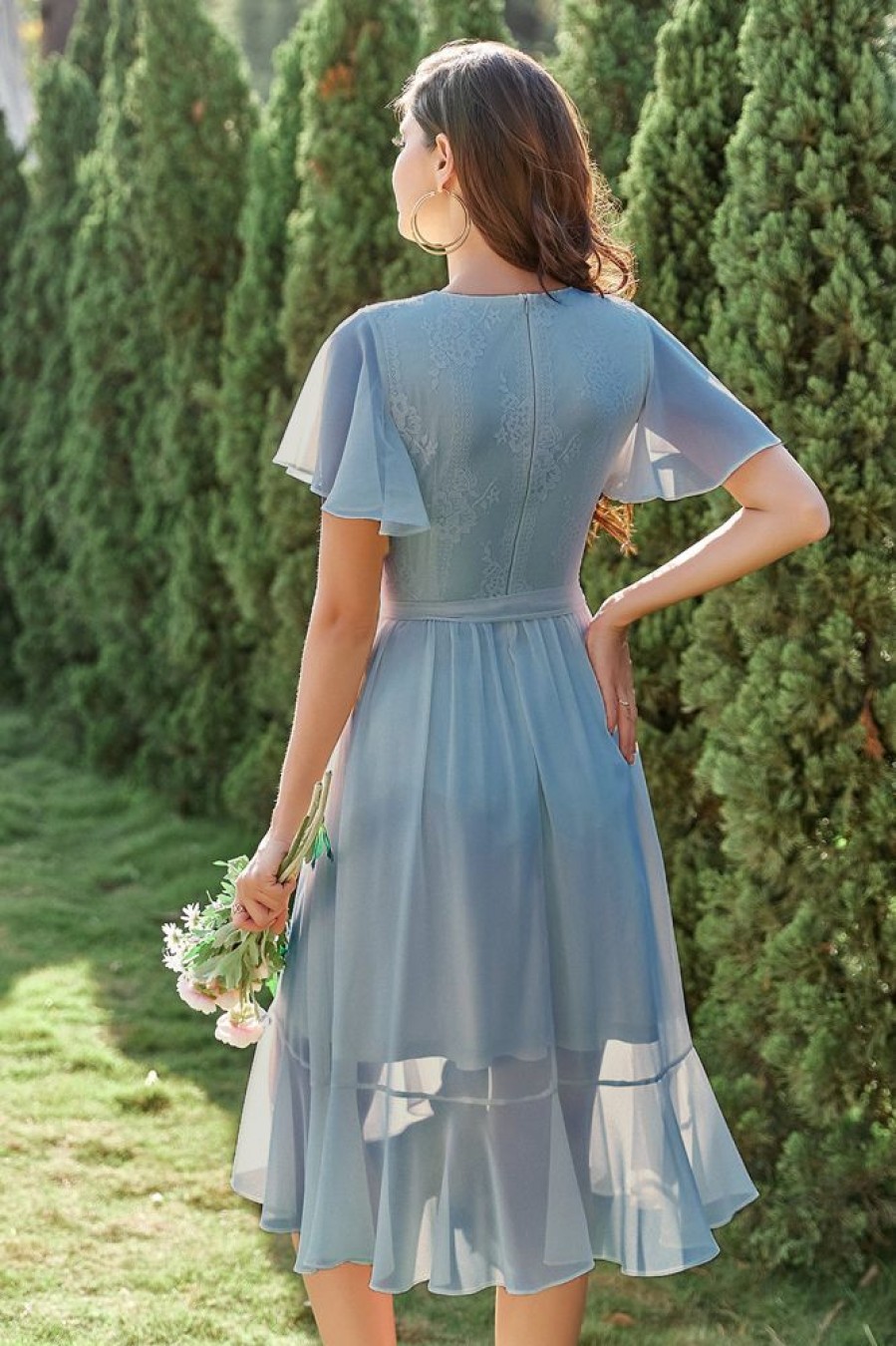 Homrain Chiffon Wrap Cocktail Dress | Dusty Blue Bridesmaid Dress