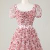 Homrain Cute A Line Floral Homecoming Dress With Ruffles | Pink Hoco Dresses