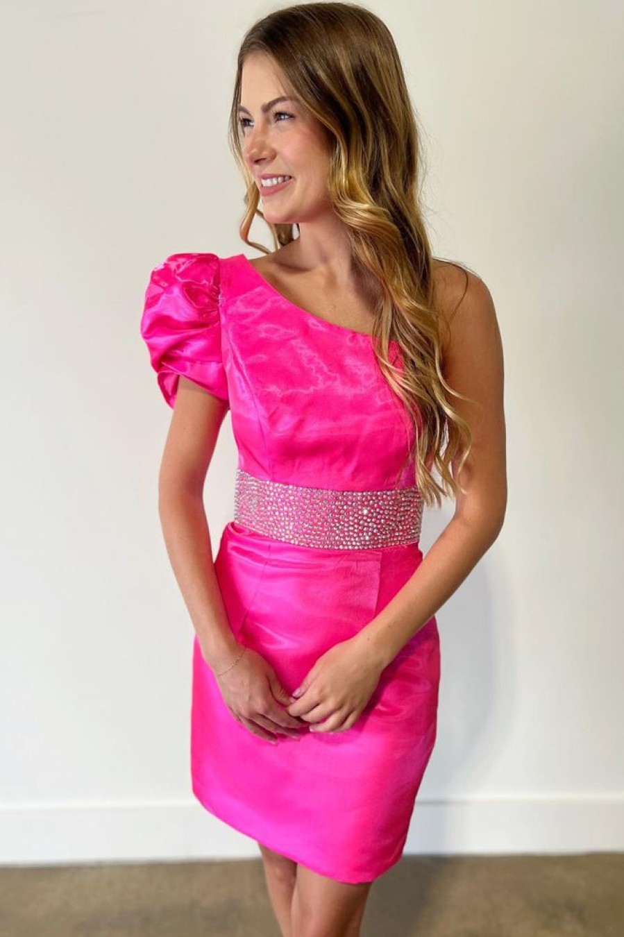 Homrain Sparkly Beaded One Shoulder Tight Short Homecoming Dress | Hot Pink Hoco Dresses